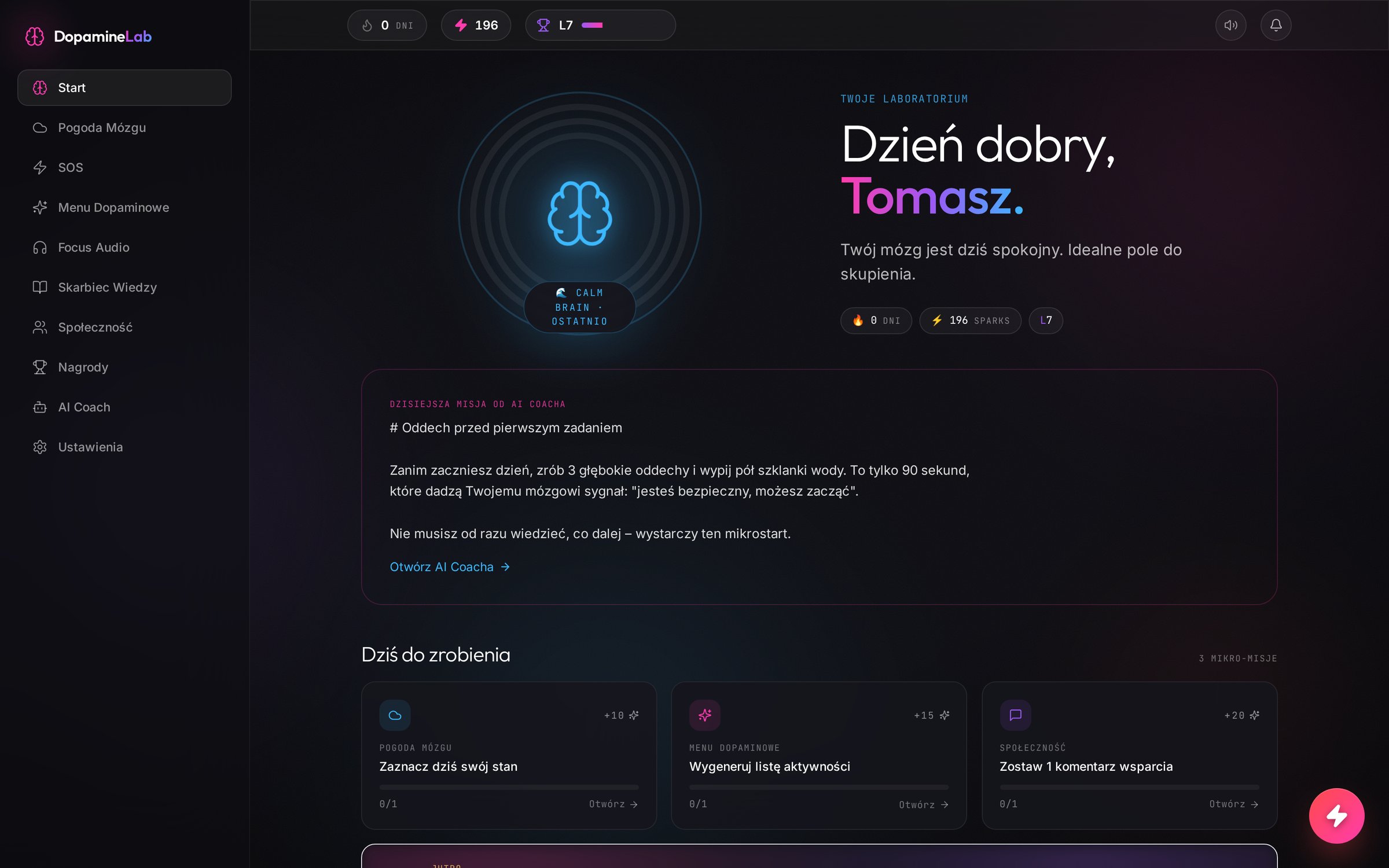 Podgląd dashboardu DopamineLab — brain weather orb, AI coach, dzienne misje, Brain Drop